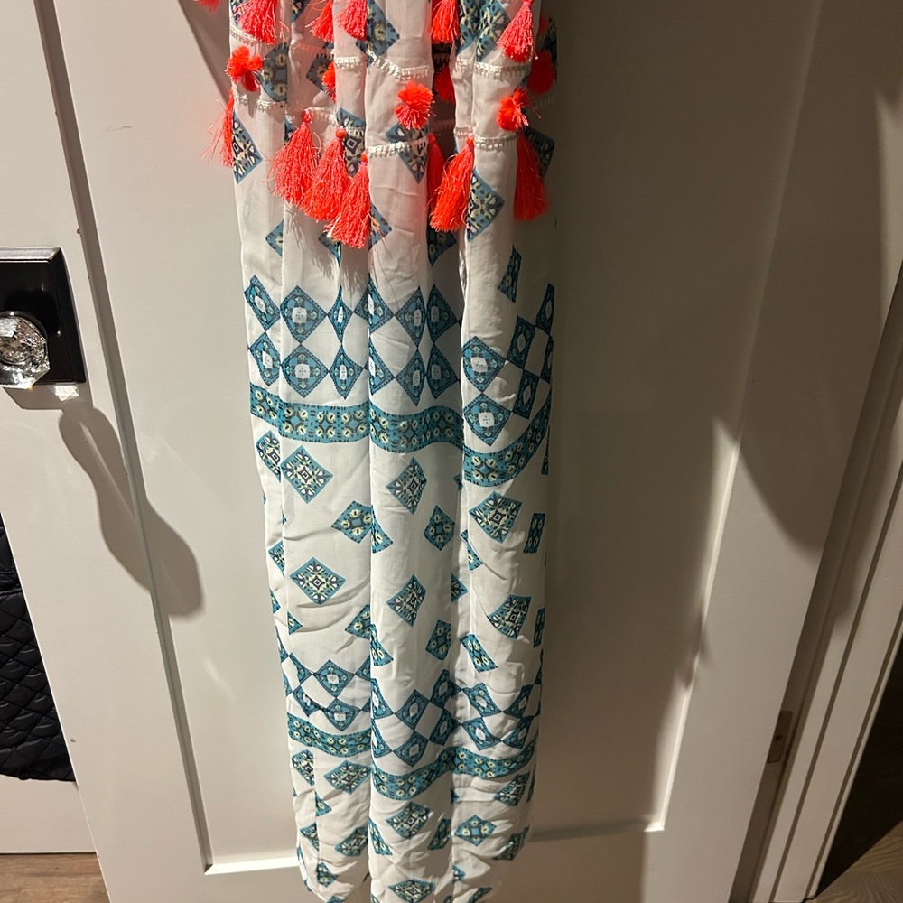 Ramy Brook Blue and White dress or beach cover with Orange Tassels